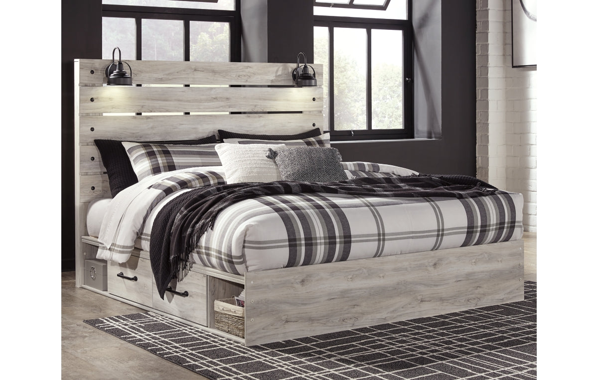 Cambeck King Panel Bed with 4 Storage Drawers with Mirrored Dresser