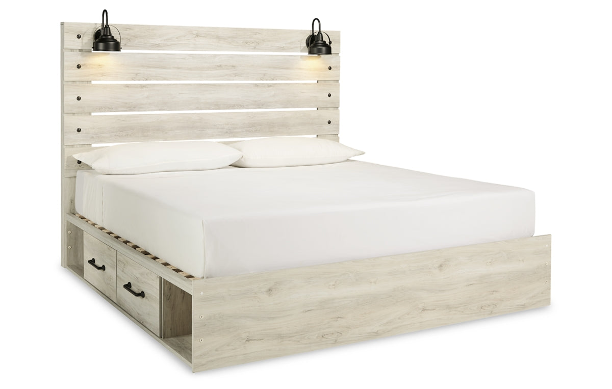 Cambeck King Panel Bed with 4 Storage Drawers with Mirrored Dresser