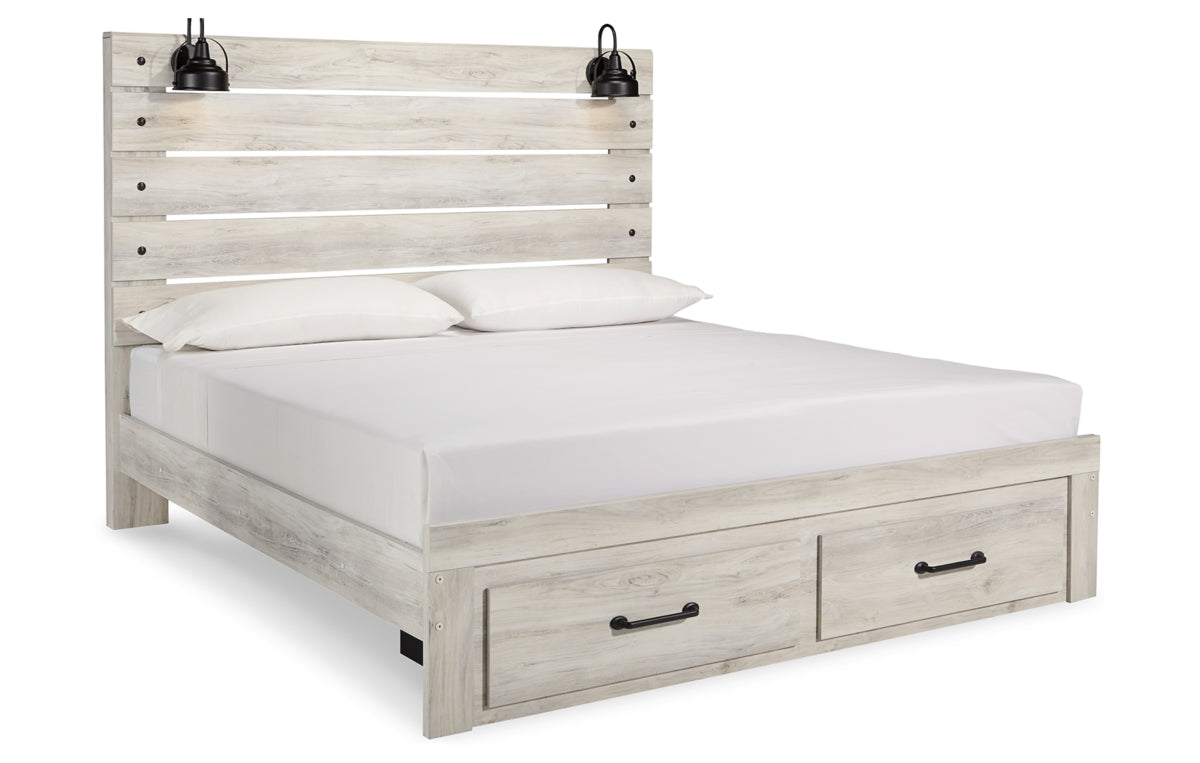 Cambeck King Panel Bed with 2 Storage Drawers with Mirrored Dresser, Chest and Nightstand