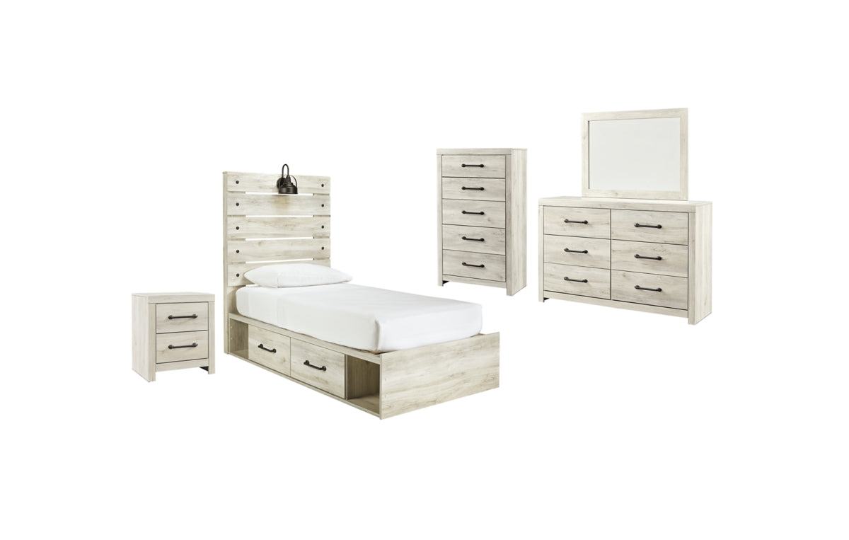 Cambeck Twin Panel Bed with 2 Storage Drawers with Mirrored Dresser, Chest and Nightstand