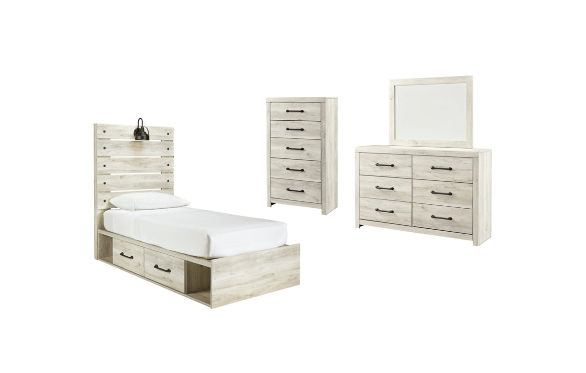 Cambeck Twin Panel Bed with 2 Storage Drawers with Mirrored Dresser and Chest