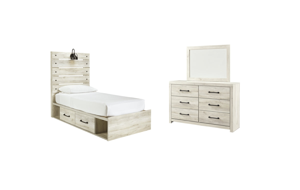 Cambeck Twin Panel Bed with 2 Storage Drawers with Mirrored Dresser