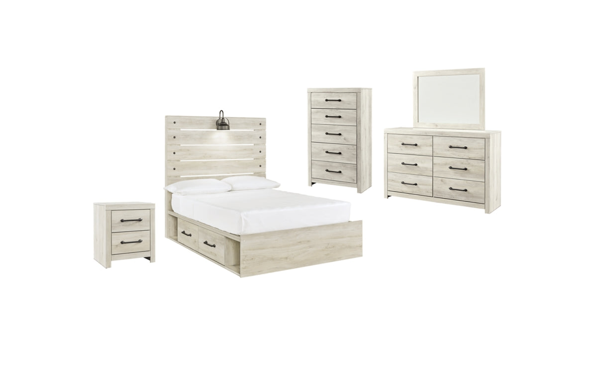 Cambeck Full Panel Bed with 2 Storage Drawers with Mirrored Dresser, Chest and Nightstand