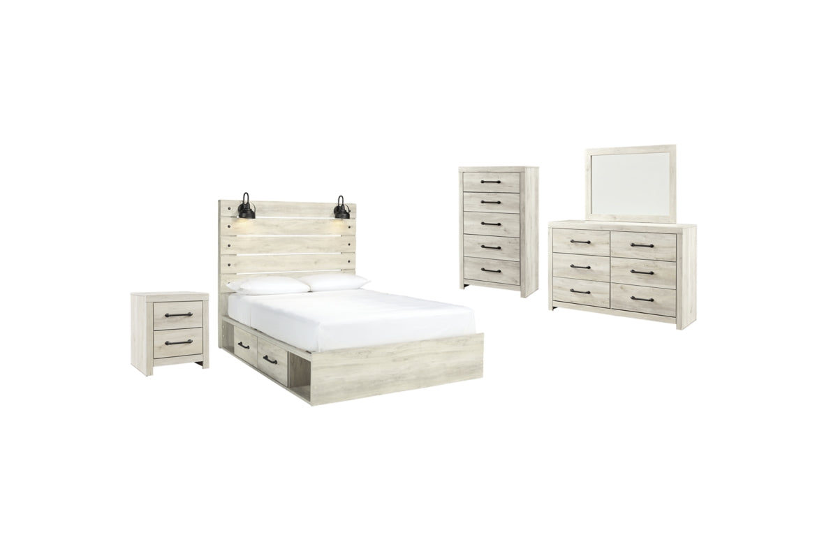 Cambeck Queen Panel Bed with 2 Storage Drawers with Mirrored Dresser, Chest and Nightstand