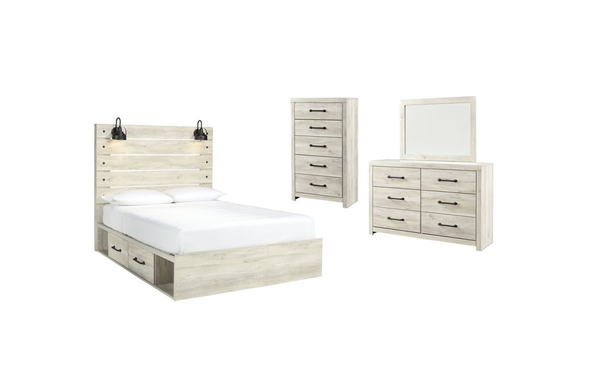 Cambeck Queen Panel Bed with 2 Storage Drawers with Mirrored Dresser and Chest