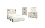 Cambeck Queen Panel Bed with 2 Storage Drawers with Mirrored Dresser and Chest