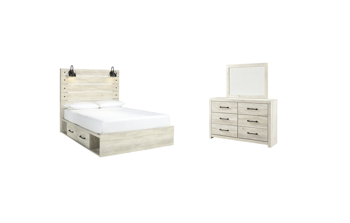 Cambeck Queen Panel Bed with 2 Storage Drawers with Mirrored Dresser