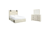 Cambeck Queen Panel Bed with 2 Storage Drawers with Mirrored Dresser