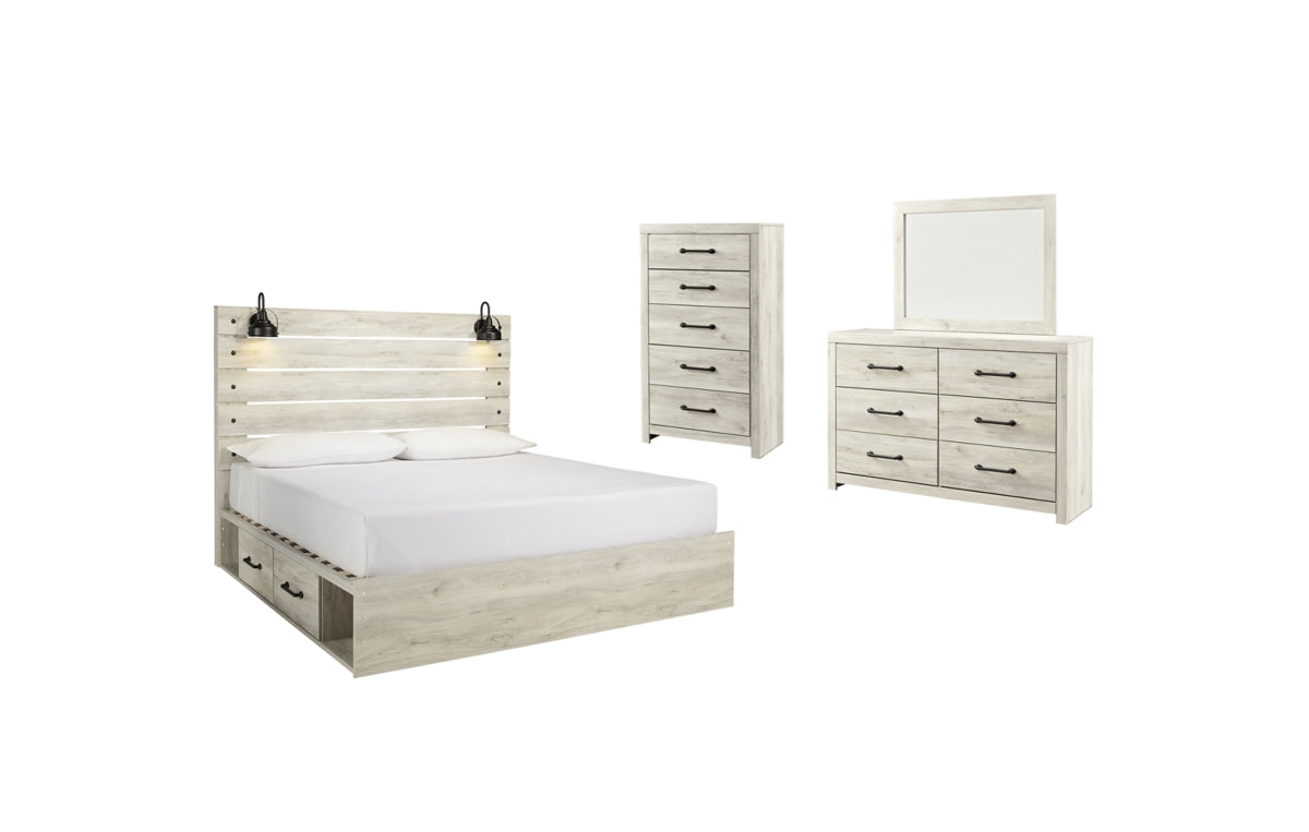 Cambeck King Panel Bed with 2 Storage Drawers with Mirrored Dresser, Chest and Nightstand