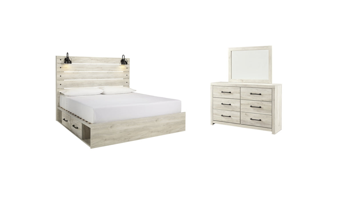 Cambeck King Panel Bed with 2 Storage Drawers with Mirrored Dresser