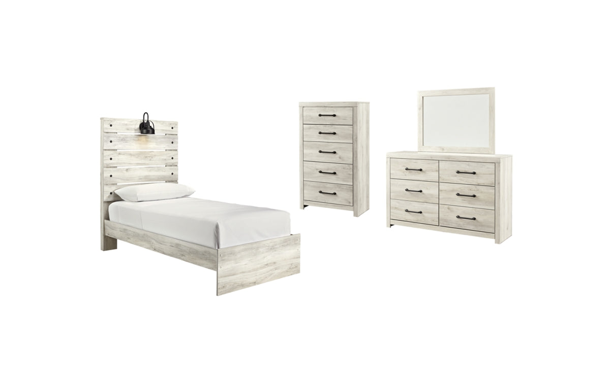 Cambeck Twin Panel Bed with Mirrored Dresser and Chest