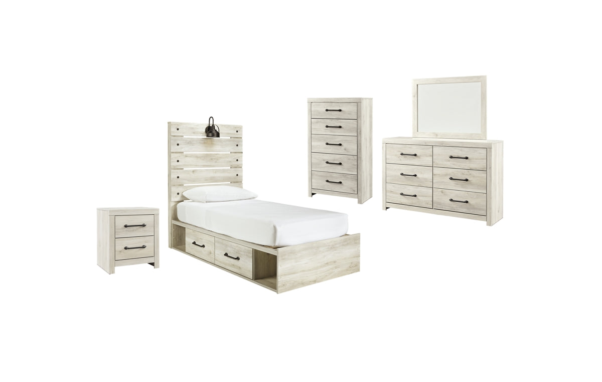 Cambeck Twin Panel Bed with 4 Storage Drawers with Mirrored Dresser, Chest and Nightstand