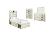 Cambeck Twin Panel Bed with 4 Storage Drawers with Mirrored Dresser and Chest