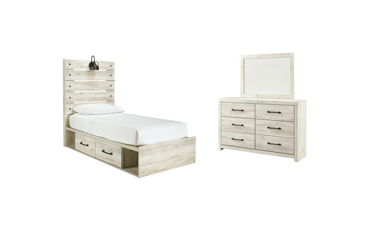 Cambeck Twin Panel Bed with 4 Storage Drawers with Mirrored Dresser