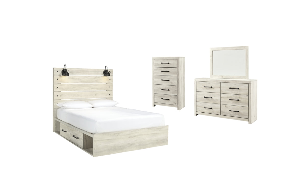 Cambeck Queen Panel Bed with 4 Storage Drawers with Mirrored Dresser and Chest