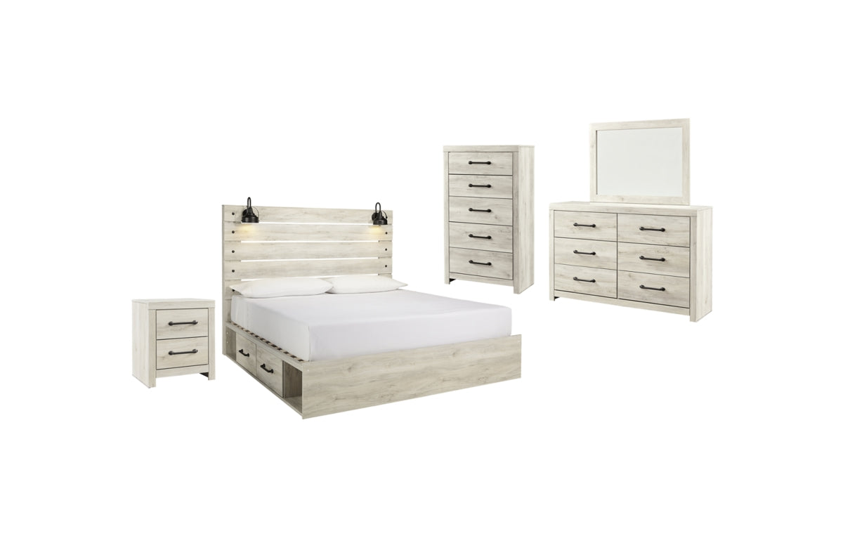 Cambeck King Panel Bed with 4 Storage Drawers with Mirrored Dresser, Chest and Nightstand