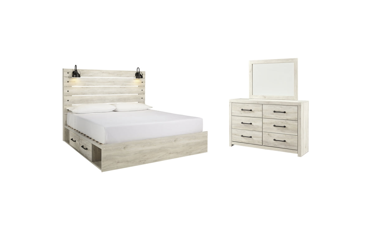 Cambeck King Panel Bed with 4 Storage Drawers with Mirrored Dresser