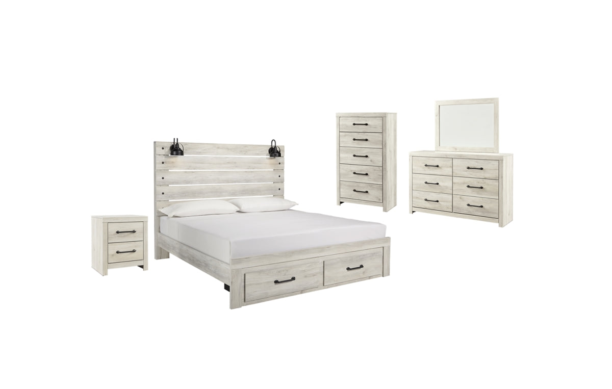 Cambeck King Panel Bed with 2 Storage Drawers with Mirrored Dresser, Chest and Nightstand