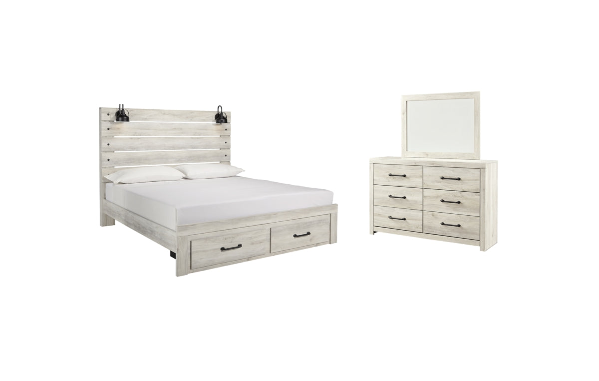 Cambeck King Panel Bed with 2 Storage Drawers with Mirrored Dresser