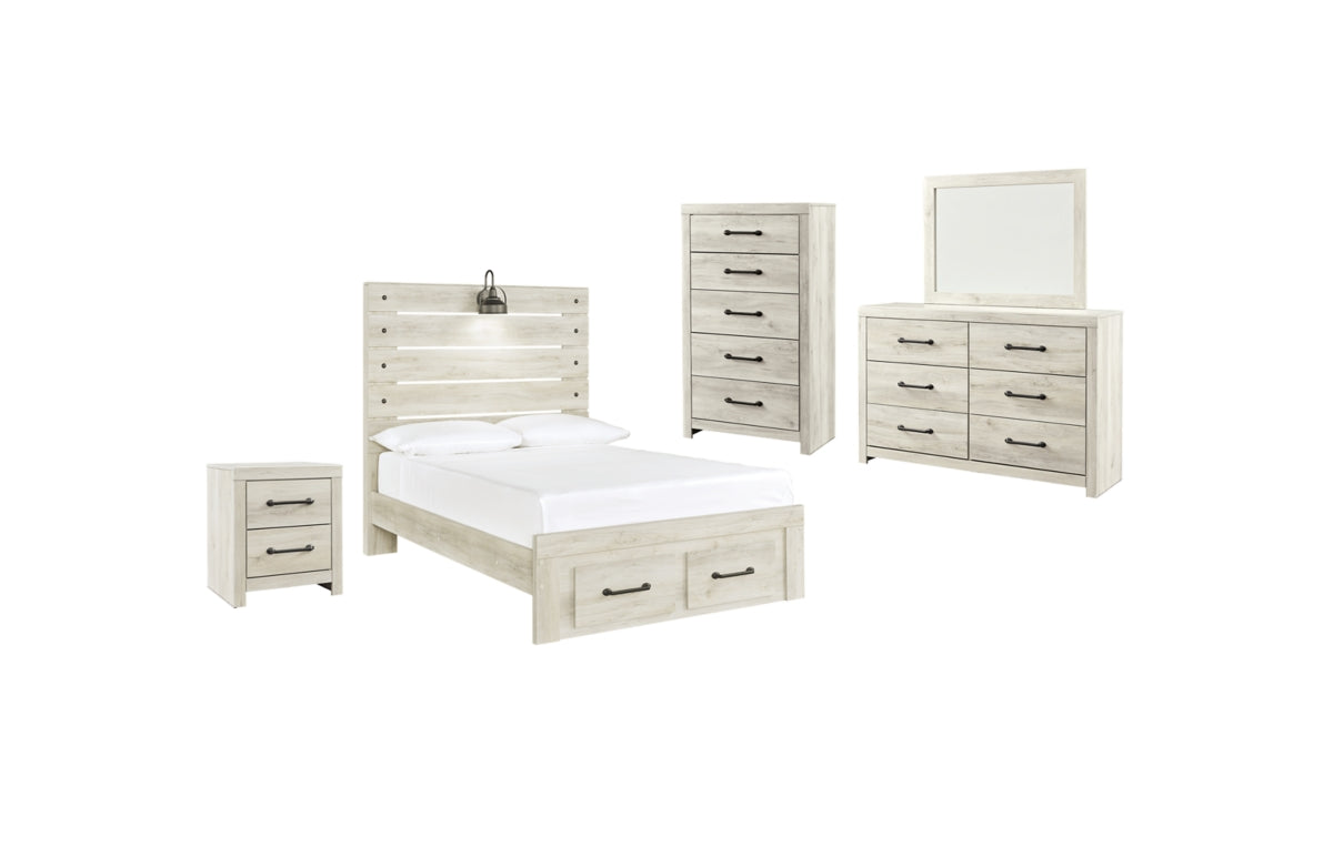 Cambeck Full Panel Bed with 2 Storage Drawers with Mirrored Dresser, Chest and Nightstand