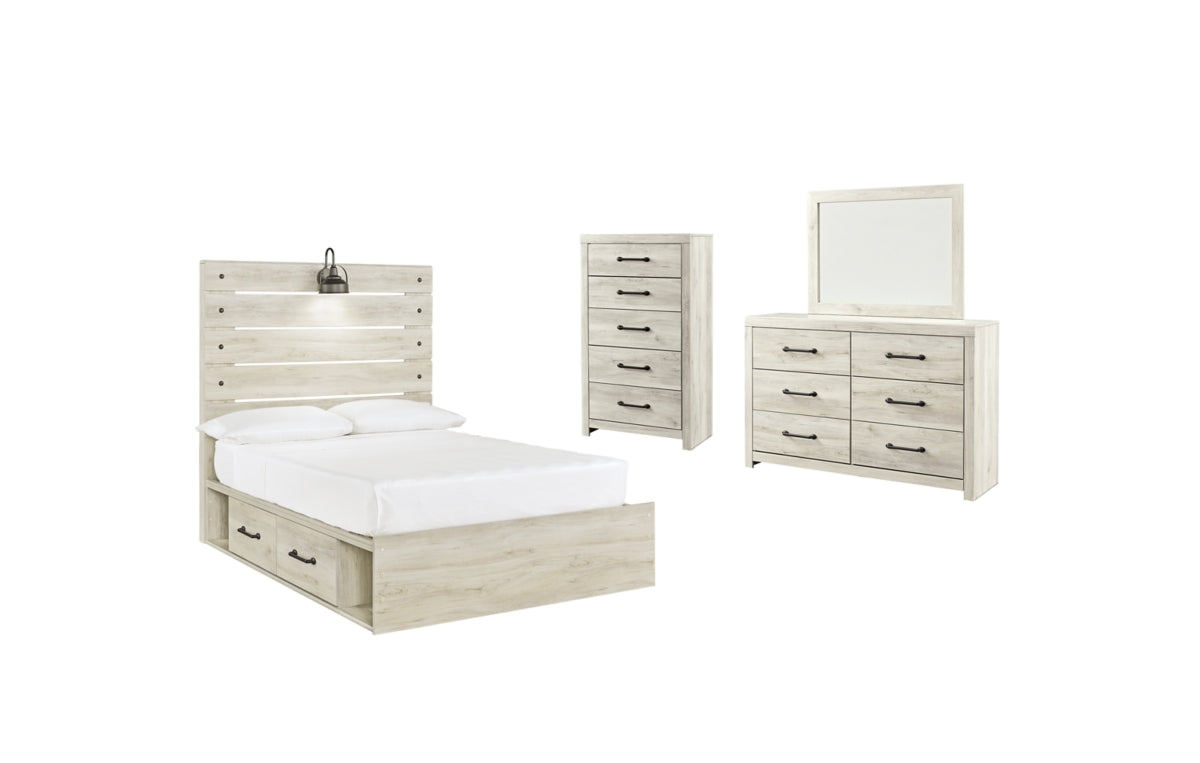 Cambeck Full Panel Bed with 4 Storage Drawers with Mirrored Dresser and Chest