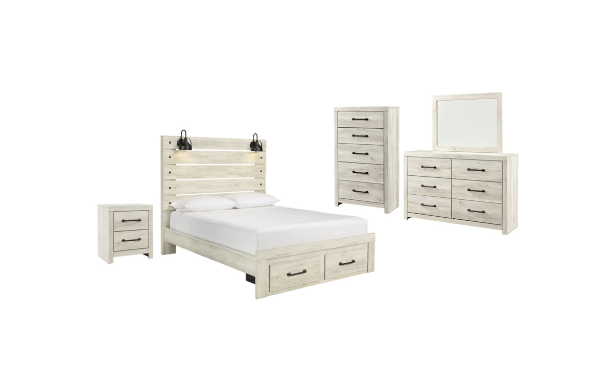 Cambeck Queen Panel Bed with 2 Storage Drawers with Mirrored Dresser, Chest and Nightstand