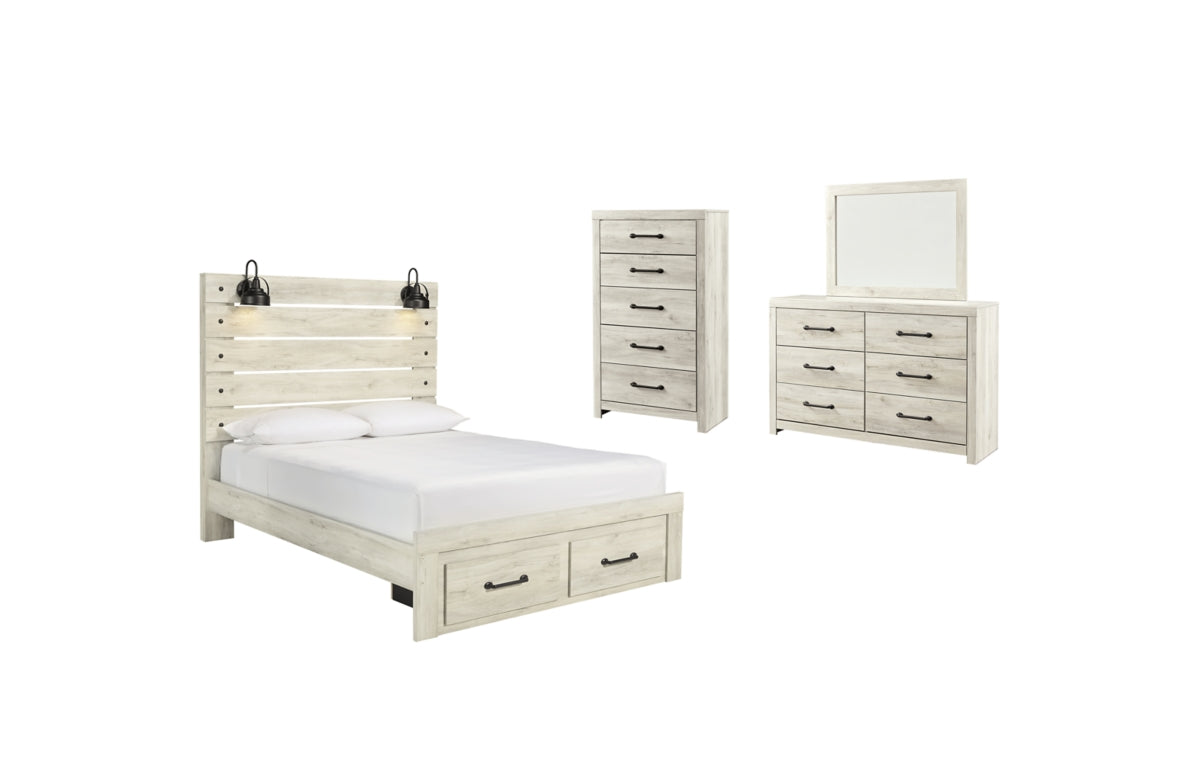 Cambeck Queen Panel Bed with 2 Storage Drawers with Mirrored Dresser and Chest