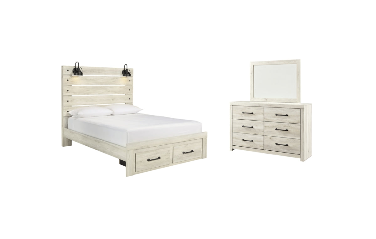 Cambeck Queen Panel Bed with 2 Storage Drawers with Mirrored Dresser