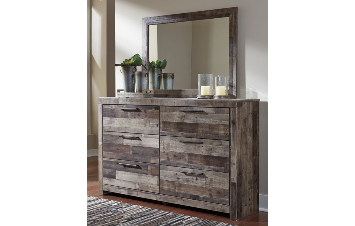 Derekson King Panel Bed with 6 Storage Drawers with Mirrored Dresser, Chest and Nightstand