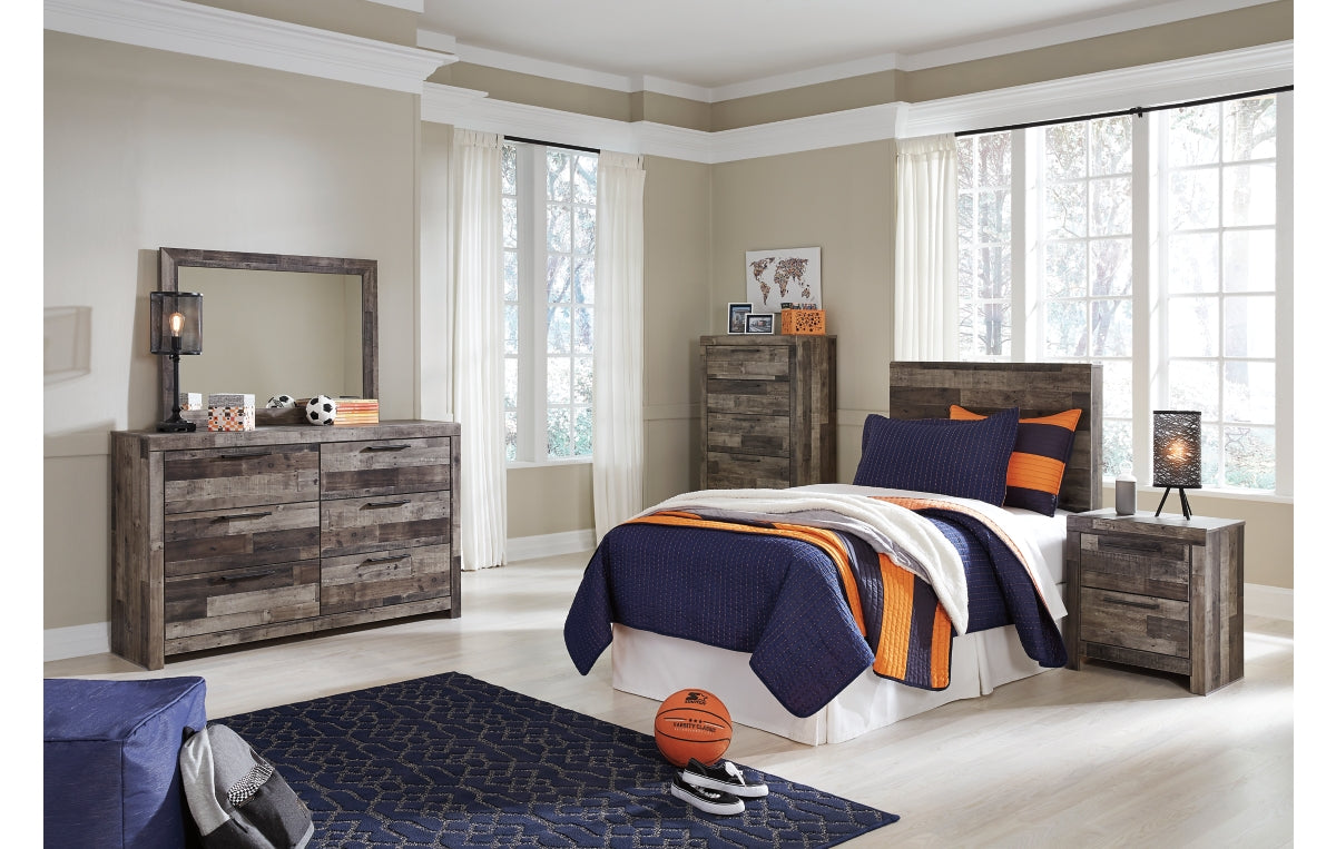 Derekson Twin Panel Headboard with Mirrored Dresser, Chest and Nightstand