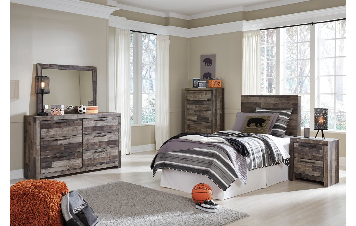 Derekson Twin Panel Headboard with Mirrored Dresser, Chest and Nightstand