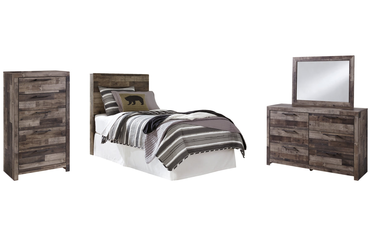 Derekson Twin Panel Headboard with Mirrored Dresser and Chest
