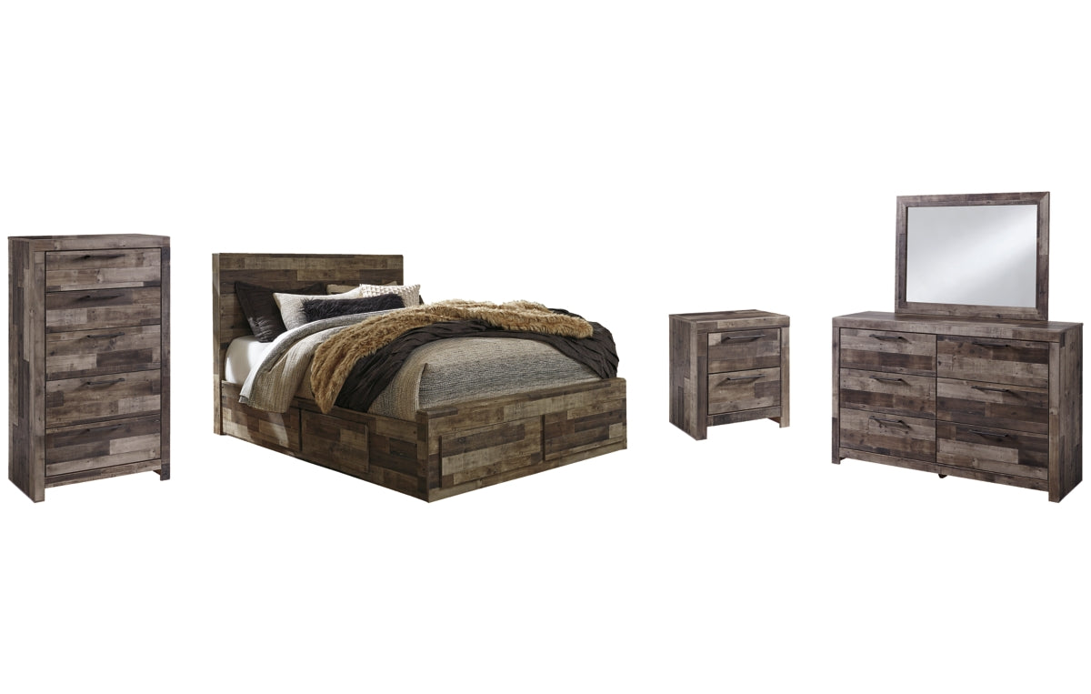 Derekson Queen Panel Bed with 4 Storage Drawers with Mirrored Dresser, Chest and Nightstand