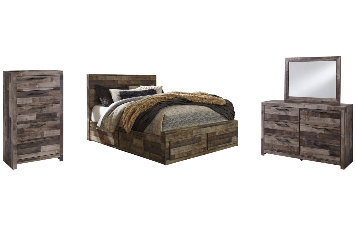 Derekson Queen Panel Bed with 4 Storage Drawers with Mirrored Dresser and Chest