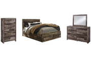 Derekson Queen Panel Bed with 4 Storage Drawers with Mirrored Dresser and Chest