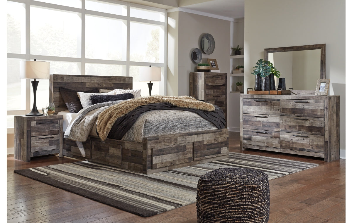 Derekson Queen Panel Bed with 4 Storage Drawers with Mirrored Dresser, Chest and Nightstand