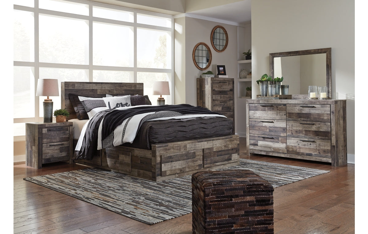 Derekson Queen Panel Bed with 4 Storage Drawers with Mirrored Dresser, Chest and Nightstand