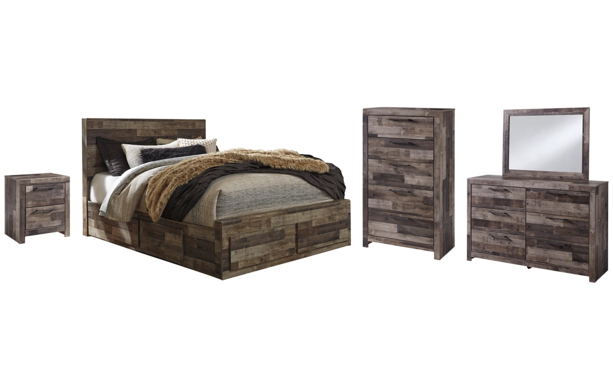 Derekson Queen Panel Bed with 6 Storage Drawers with Mirrored Dresser, Chest and Nightstand