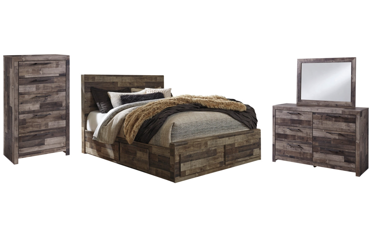Derekson Queen Panel Bed with 6 Storage Drawers with Mirrored Dresser and Chest
