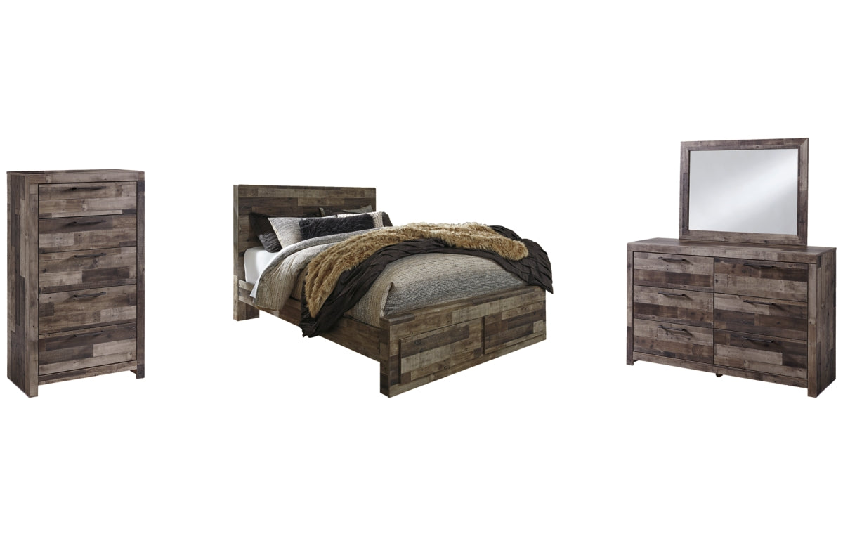 Derekson Queen Panel Bed with 2 Storage Drawers with Mirrored Dresser and Chest
