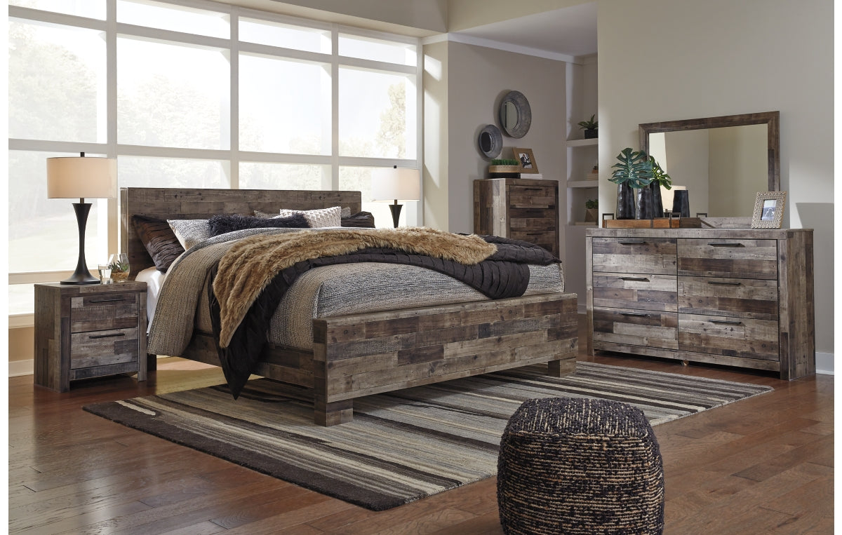 Derekson King Panel Bed with Mirrored Dresser, Chest and Nightstand