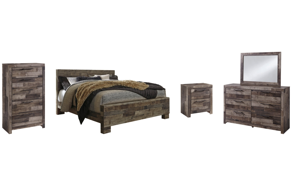 Derekson King Panel Bed with Mirrored Dresser, Chest and Nightstand