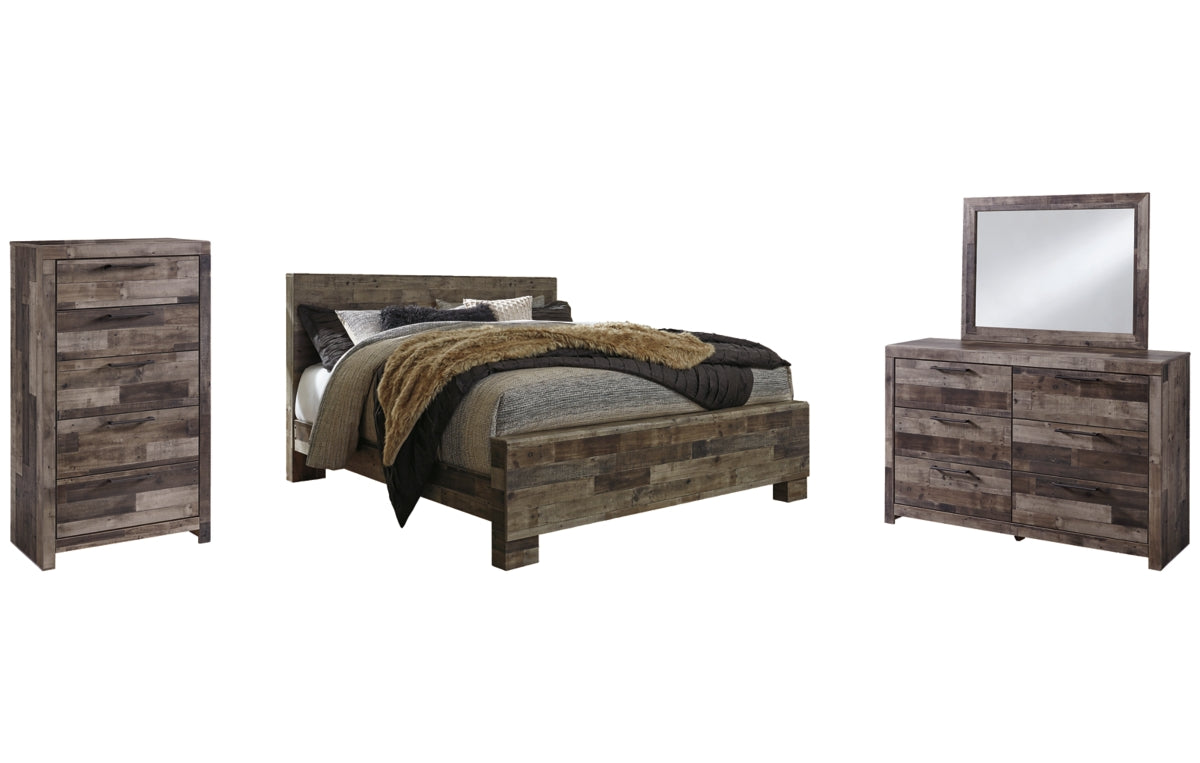 Derekson King Panel Bed with Mirrored Dresser and Chest
