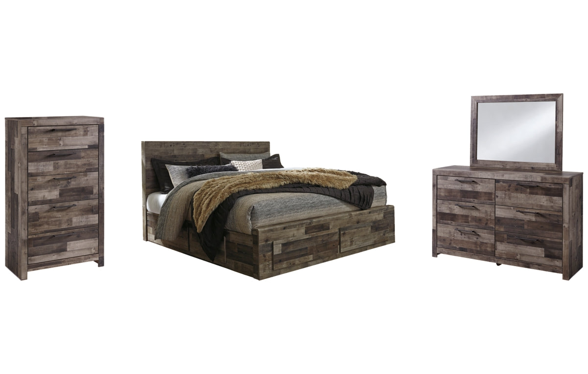 Derekson King Panel Bed with 4 Storage Drawers with Mirrored Dresser and Chest