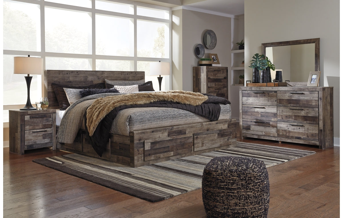 Derekson King Panel Bed with 4 Storage Drawers with Mirrored Dresser, Chest and Nightstand