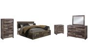 Derekson King Panel Bed with 6 Storage Drawers with Mirrored Dresser, Chest and Nightstand