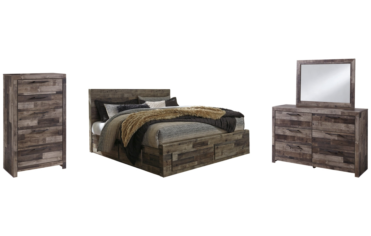 Derekson King Panel Bed with 6 Storage Drawers with Mirrored Dresser and Chest