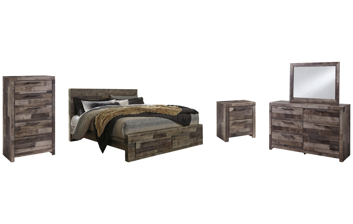 Derekson King Panel Bed with 2 Storage Drawers with Mirrored Dresser, Chest and Nightstand