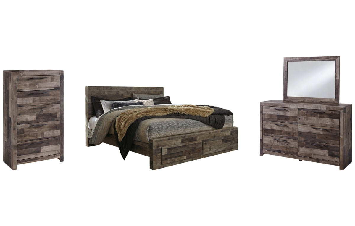 Derekson King Panel Bed with 2 Storage Drawers with Mirrored Dresser and Chest