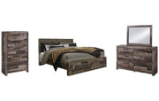Derekson King Panel Bed with 2 Storage Drawers with Mirrored Dresser and Chest
